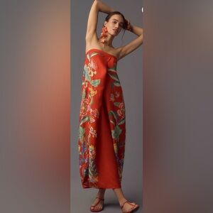 Anthropologie Women’s S Red Floral Pleated Column Midi Strapless Dress